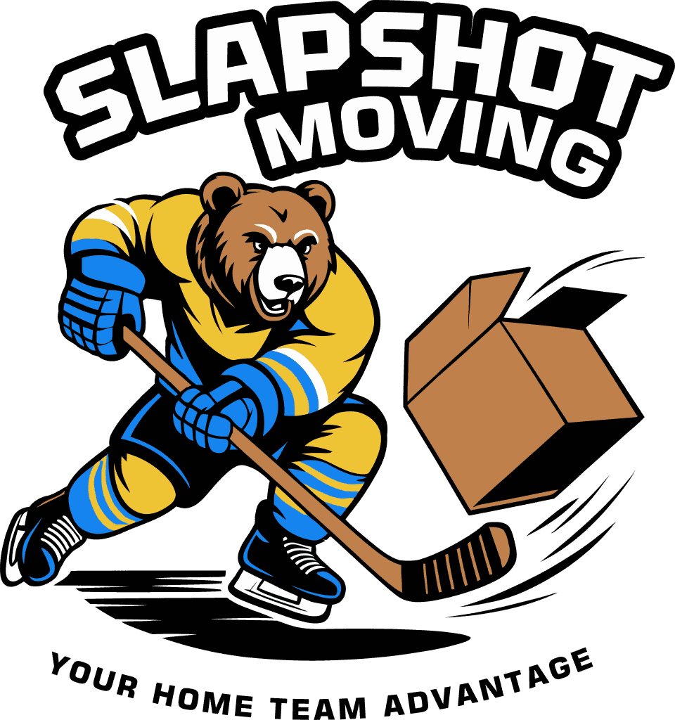 1. Bear hockey player delivering moving boxes for professional moving services.
