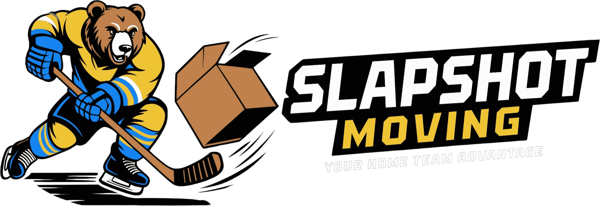 Hockey bear mascot moving boxes for professional moving services by Slapshot Moving.