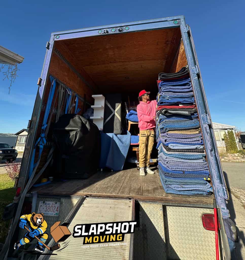 Mover loading truck with blankets and furniture