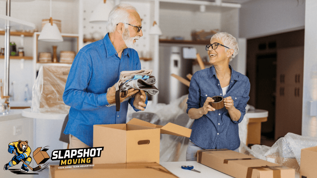 senior couple packing items in boxes